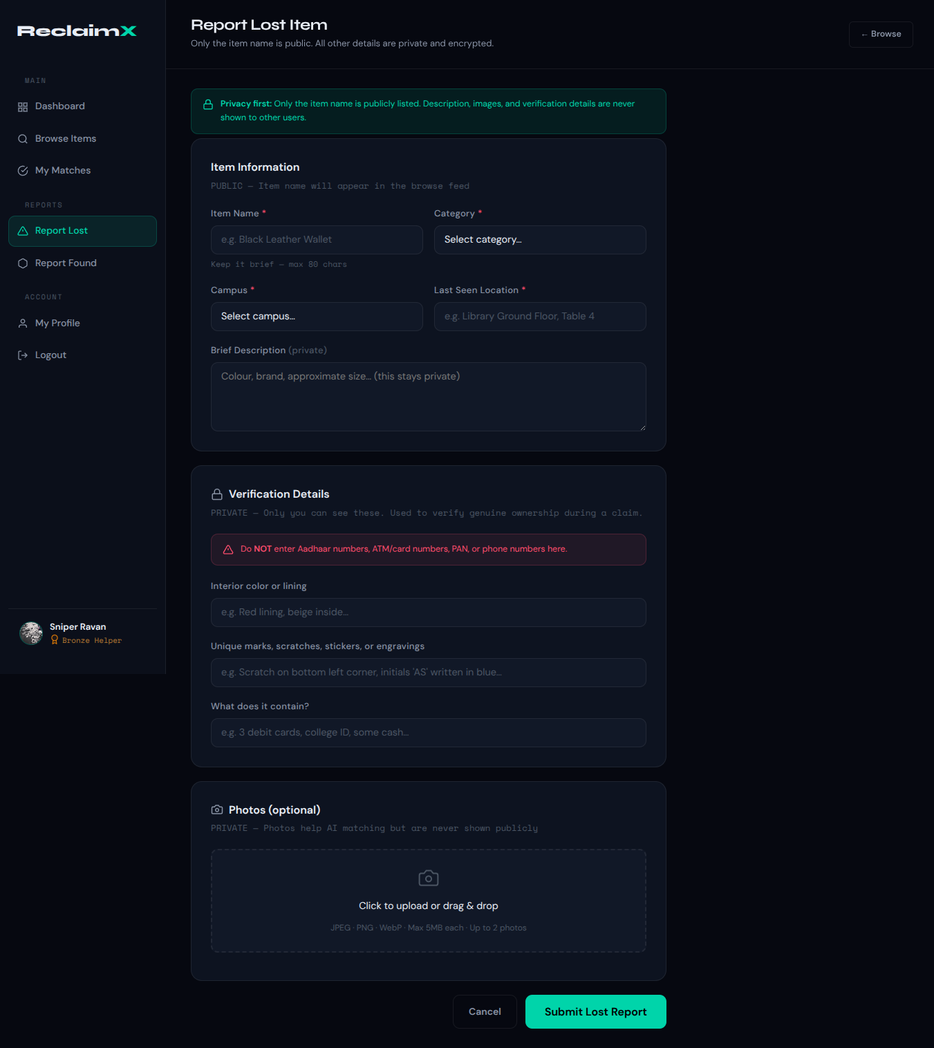 Report Lost Item screen